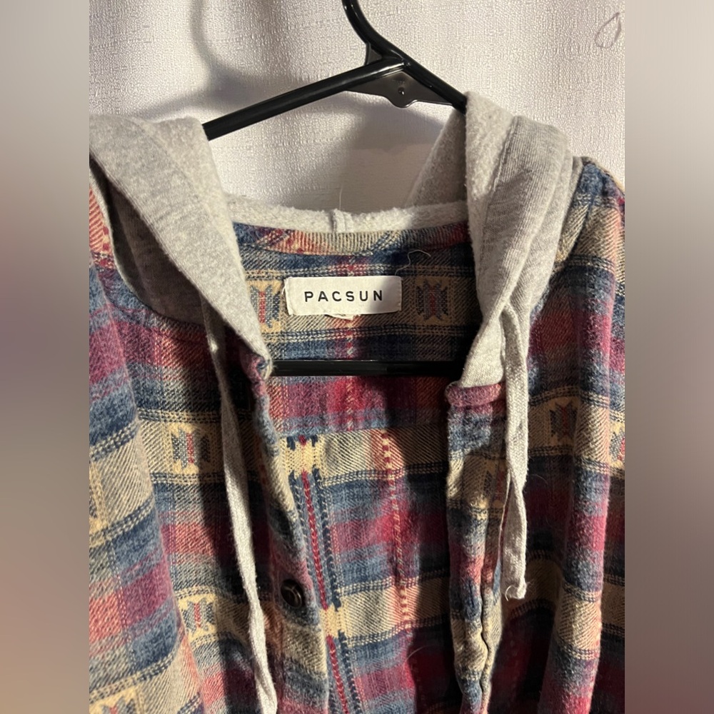 PacSun Medium Hooded Plaid Long Sleeve Shirt - Picture 2 of 4